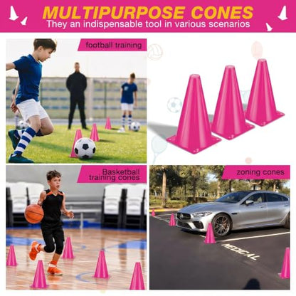 24pcs Cones 9 Inch Soccer Cones and Plastic Traffic Cones, Durable Cones for Sports Training, Ideal for Soccer, Basketball, Football, Skating, and Agility Drills Practice - color: pink