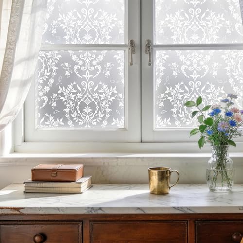 Frosted Damask Window Privacy Film, 78.5" L x 17.5" W, Decorative Non-Adhesive Static Cling, Heat Control & UV Blocking, Anti-Glare Sticker for Home Office Bathroom