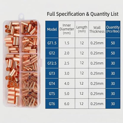 250pcs Wire Terminal connectors 7Size Electrical Butt Connector Copper Tube Connector Kits with Heat Shrink Tubing Wire Ferrules Kits