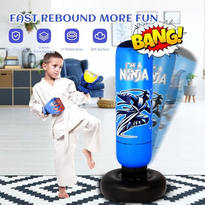 Onirii 66 Inch Kids Punching Bag Toy with Boxing Gloves - color: NEW Ninja Blue
