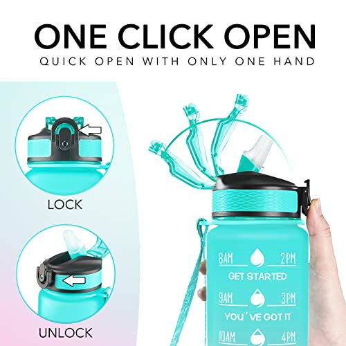 Hyeta Water Bottle with Straw & Time Marker, Plastic 32oz Leakproof - color: Green-Purple