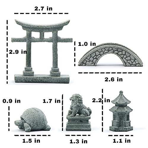 6 PCS Mini Zen Garden Accessories, Miniature Garden Bridge Foo Dogs Torii Gate Sandstone Figurines Meditation Zen Decor Japanese Fish Tank Terrarium Bonsai Decorations (Art Deco)