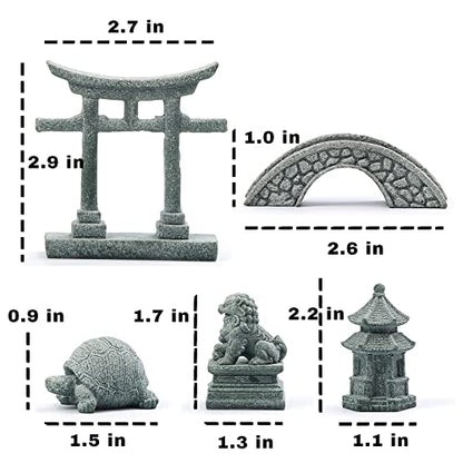 6 PCS Mini Zen Garden Accessories, Miniature Garden Bridge Foo Dogs Torii Gate Sandstone Figurines Meditation Zen Decor Japanese Fish Tank Terrarium Bonsai Decorations (Art Deco)
