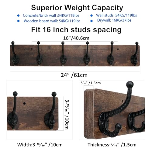 WEBI Rustic Coat Rack Wall Mount,24" Long 6 Cast Iron Coat Hooks Wall Mounted,Heavy Duty Wood Wall Coat Hanger Hooks for Hanging Coats,Jacket,Clothes,Backpack,Farmhouse,Rustic Brown - color: Rustic Brown, size: 24 Inch
