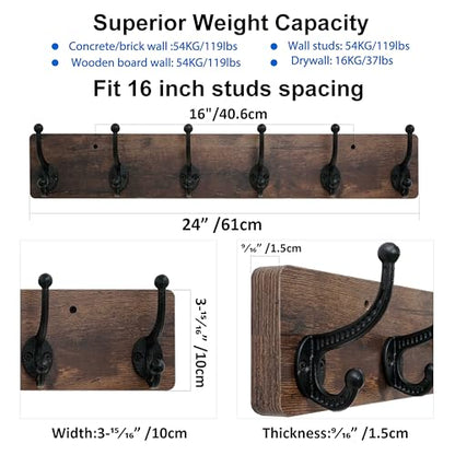 WEBI Rustic Coat Rack Wall Mount,24" Long 6 Cast Iron Coat Hooks Wall Mounted,Heavy Duty Wood Wall Coat Hanger Hooks for Hanging Coats,Jacket,Clothes,Backpack,Farmhouse,Rustic Brown - color: Rustic Brown, size: 24 Inch