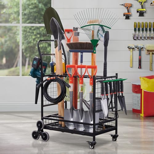 Lauren&Harold Garden Tool Organizer with 2 Stair-Climbing Wheels for Garage Storage, Garden Tool Rack, Up to 35 Long-Handled Tools, Rakes/Shovels/Yard Tools Storage Stand for Shed, Lawn and Outdoor