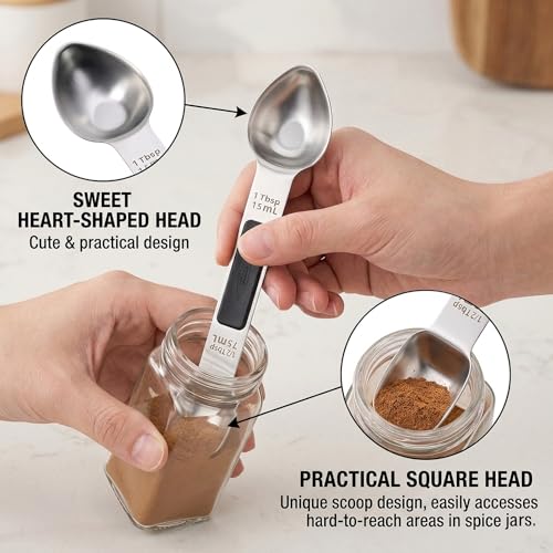 Magnetic Measuring Spoons,Stainless Steel Dual Sided Tablespoons,Extra Long Handle for Deep Jars,Heart-Shaped&Square Heads that More Easier to Excavate,Laser Markings,Non-Slip Grip(set of 5)