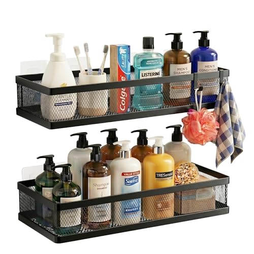 PUSDON Mesh Shower Caddy Wall Mount, Heavy Duty Adhesive Bathroom Shelf Organizer, Rustproof Floating Spice Rack for Kitchen Pantry, Holds 50 LBS, Multi-Purpose Storage Black-2 Packs (Netting) - color: Matte Black, size: Full Mesh (12.6" Wide)