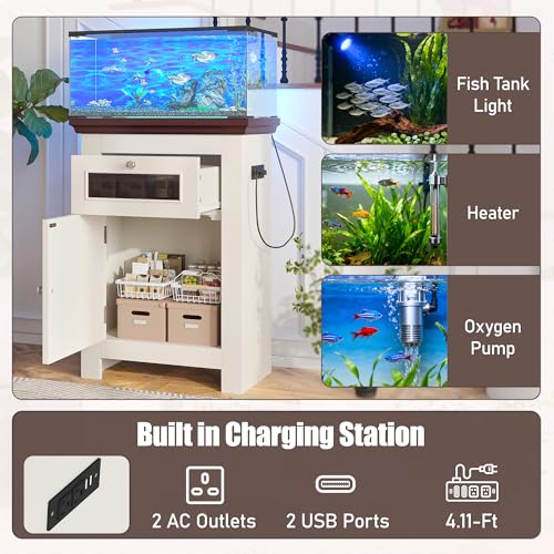 10-15 Gallon Aquarium Stand with Power Outlet (4 AC & 2 USB), Heavy Duty Fish Tank Stand with Adjustable Shelves, Storage Cabinet for Turtle Tank & Reptile Terrarium, 200LBS (10-15-Beige Brown) - size: 10-15-Beige Brown