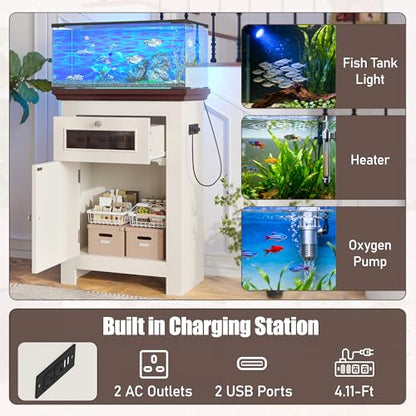 10-15 Gallon Aquarium Stand with Power Outlet (4 AC & 2 USB), Heavy Duty Fish Tank Stand with Adjustable Shelves, Storage Cabinet for Turtle Tank & Reptile Terrarium, 200LBS (10-15-Beige Brown) - size: 10-15-Beige Brown