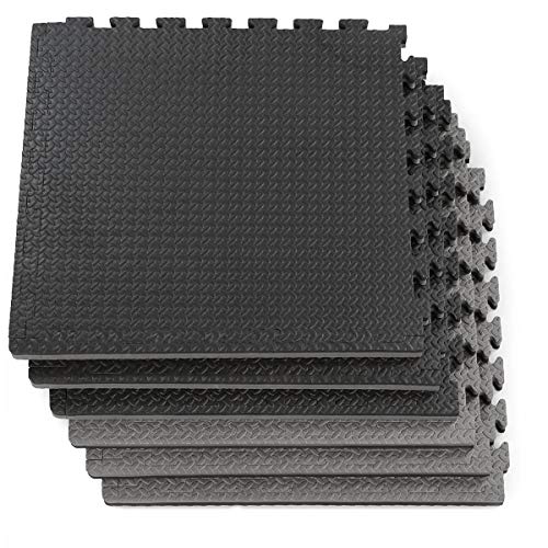 1" Extra Thick 48 sq ft Reversible EVA Gym Foam Floor Mat Tiles (24" x 24"), Steel Pattern, 12 pcs, Black & Grey