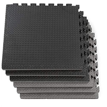 1" Extra Thick 48 sq ft Reversible EVA Gym Foam Floor Mat Tiles (24" x 24"), Steel Pattern, 12 pcs, Black & Grey