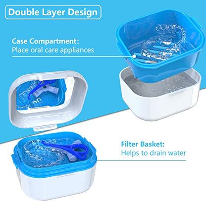 Denture Case with Mirror, Leakproof Retainer Box with Strainer Basket - color: White & Blue