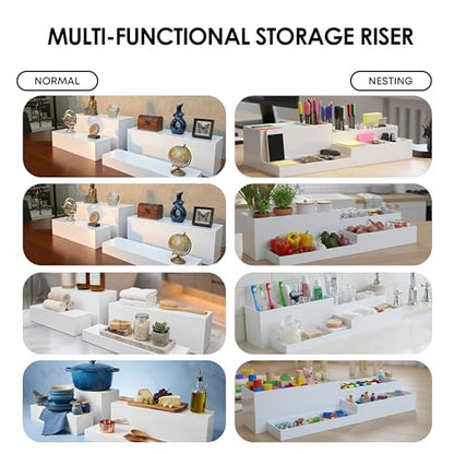 4cs Large Rectangle White Acrylic Buffet Riser Set Sizes (13" to 15") - Buffet Risers for Buffet Table, Display Stand Shelf for Catering Dessert Collectibles Jewelry Figures Show, Stackable Food Risers With Hollow Bottoms