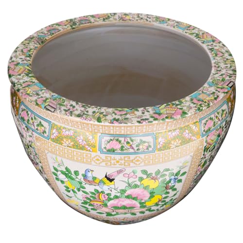 Large Porcelain Floral Rose Medallion Fishbowl Cachepot Planter