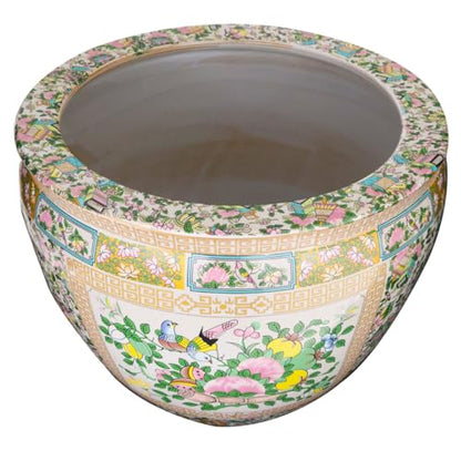 Large Porcelain Floral Rose Medallion Fishbowl Cachepot Planter