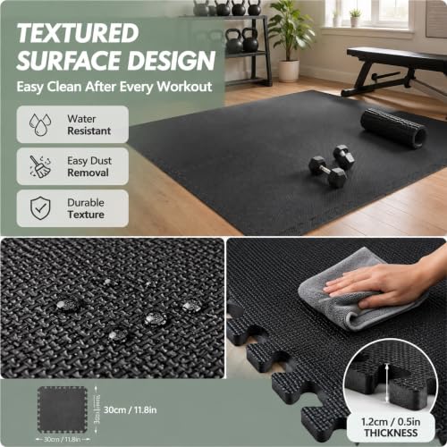 20 Sq Ft Gym Floor Mats, 0.5" Thick Interlocking Foam Tiles - color: Black