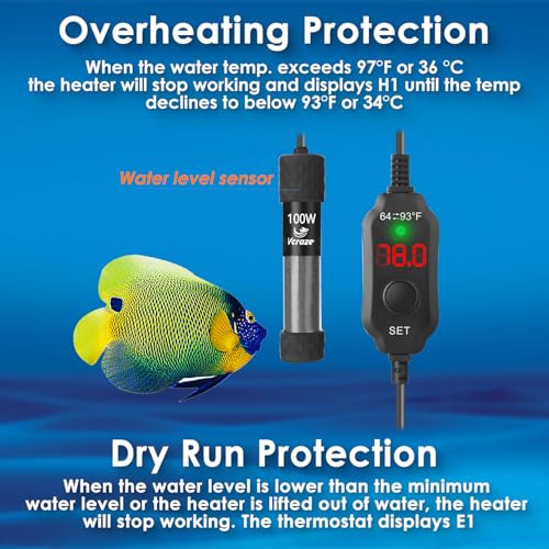 100W Compact Aquarium Heater for 10-20 Gallon Tanks | Super Short Submersible Fish Tank Heater with LED Digital Thermostat, Dry-Run & Overheat Protection, Memory Function