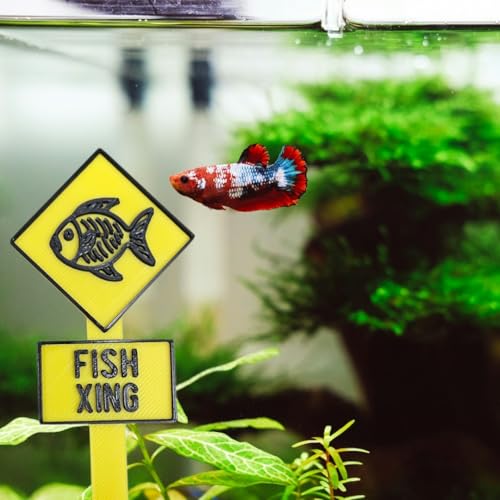 Funny Fish Tank Decor Fish Crossing Street Sign Aquarium Decoration, Yellow Betta Tank Decor with Skeleton Design