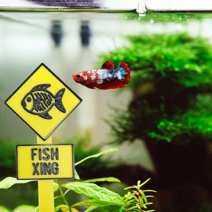 Funny Fish Tank Decor Fish Crossing Street Sign Aquarium Decoration, Yellow Betta Tank Decor with Skeleton Design