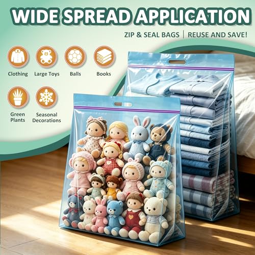 25 Gallon 4 Mil Thick Clear Zipper Storage Bags with Handles, 3 Packs 24"x35" Heavy Duty for Clothing, Pillows, Travel, and Moving, Blue