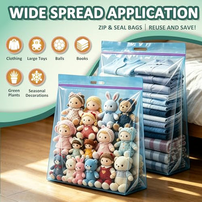 25 Gallon 4 Mil Thick Clear Zipper Storage Bags with Handles, 3 Packs 24"x35" Heavy Duty for Clothing, Pillows, Travel, and Moving, Blue