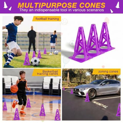 12 Pack Soccer Cones, 9 Inch Agility Cones for Soccer, Football, Basketball, Cones for Sports Training, Speed & Agility Drills, Field Marking Equipment - color: purple