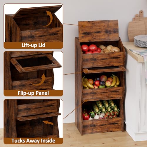 Potato and Onion Storage Bin with Lid, Root Vegetable Storage Rustic Bread Box for Kitchen Pantry, Wooden Bread Cabinet Fruit Storage Rack,Brown