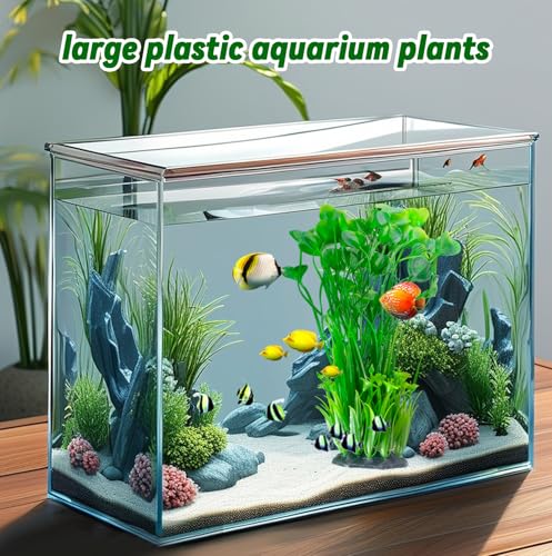 Large Plastic Aquarium Plants,2 Pcs Tall Fish Tank Plants Decor Artificial Seaweed Water Plant Ornament Freshwater and Saltwater Extra Large Aquarium Plant Decorations for Small Tanks