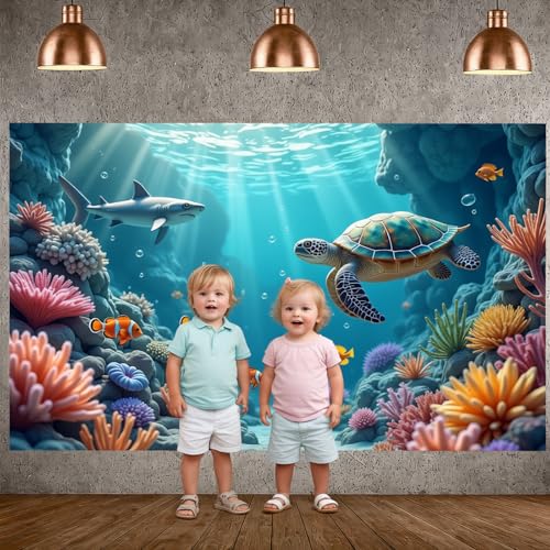 Under The Sea Backdrop Ocean Theme Party Decorations Marine Life Sea Turtle Shark Photography Background for Kids Boy Girl Birthday Baby Shower Photo Booth Props Blue Underwater Wall Banner Set