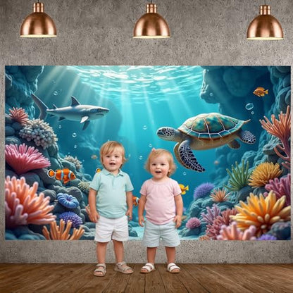 Under The Sea Backdrop Ocean Theme Party Decorations Marine Life Sea Turtle Shark Photography Background for Kids Boy Girl Birthday Baby Shower Photo Booth Props Blue Underwater Wall Banner Set