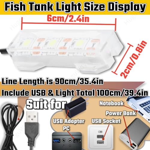 Small Fish Tank Light,LED Aquarium Light 0.6W 5V 2.4x0.8 Inch 1m USB Cable with Double Sided Tape, Small Aquarium Light Fish Tank Lamp for Small Aquarium or Office Desk Fish Tank