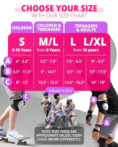 SKATEWIZ Skateboard Pads Protective Gear Set for Kids and Adults - Smash - Roller Skate Pads [6pc] with Wrist Guards - Skating Protective Gear - Roller Derby - color: Pink Purple, size: M/L - Kids/Teens