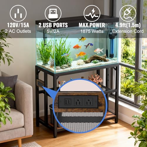 40 Gallon Fish Tank Stand with Power Outlets and Adjustable Shelf, 660LBS Capacity Metal Aquarium Stand for Turtle Tank, Reptile Terrarium and Breeder Tank, Suitable for Home Office, Rustic Brown - color: Rustic Brown