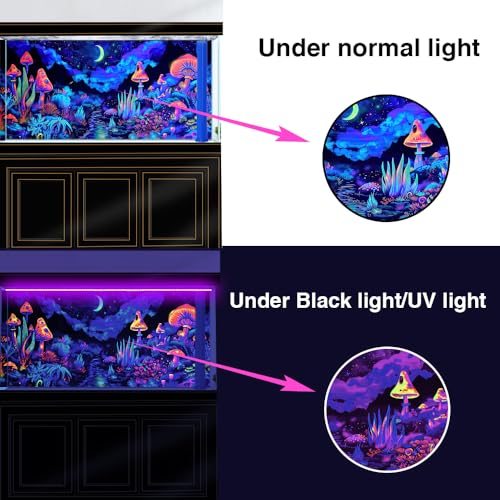 24X12IN Blacklight Mushroom Flower Black Light Aquarium Background, UV Fish Tank Background Moonlight Mountain Forest Landscape Terrarium Background with 10 EVA Double-Sided Tape
