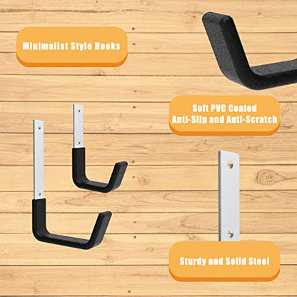 Heavy Duty Garage Utility Hooks, Wall Mount Ladder Hangers, 2S 2M | Large J-shaped hangers for bicycles, hoses and tools; zinc-coated steel, PVC padding, 50 lb capacity, indoor/outdoor use. - size: 2 Small & 2 Medium