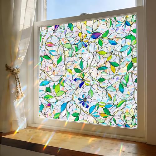 Stained Glass Window Film, Rainbow Privacy, One Way Decorative Tint, Static Cling, Renter Friendly for Home Bathroom Door
