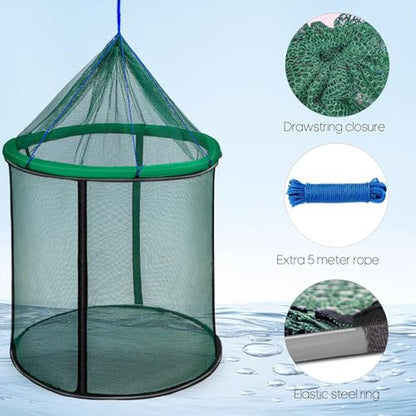 Floating Fish Basket 41/73 Gallons Extra Large for Live Caught, Fully Foldable Fishing Net Holder for Bait Live Well Collapsible Mesh Fishing Holder Cage