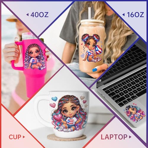 UV DTF Cup Wrap Transfer Stickers Rub On Transfers 4 Sheets Puerto Rico Gril Tumblers Water Bottles Mugs Glasses Cups
