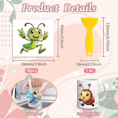 Peacoblue 18 Sheets Rub on Transfers for Crafts, Funny Insects 3.6"x3.9" UV DTF Cup Wraps Waterproof Cold Transfers Stickers for Wood Glass Metal Cup Tumblers Mirrors Mugs Home Decor - style: Funny Insects