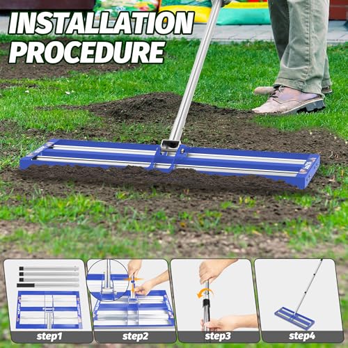 Updated Lawn Leveling Rake 30"x10", Lawn Leveler with Aluminum Rollers, Yard Leveling Rake Stainless Steel with 27-80" Adjustable Handle, Heavy-Duty Lawn Rake Suit for Garden, Golf Lawn, Farm, Blue