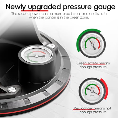 SPECILITE 8" Heavy Duty Glass Suction Cups 2 Pack with Pressure Gauge for Lifting Large Tile, Marble, Windows, 880 lbs Load Capacity, Industrial Vacuum Lifter with Handle, Carrying Case, Gloves, Black