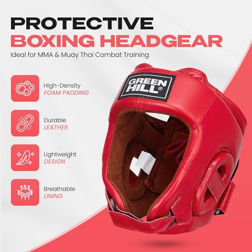 Green Hill Five Star Leather Boxing Headgear for Men & Women | AIBA-approved leather head guard for boxing, MMA and Muay Thai with secure fit and impact protection during sparring. - color: Red