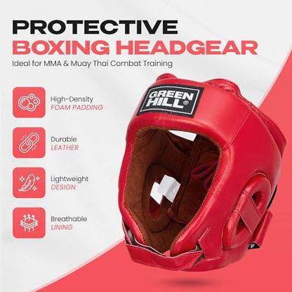 Green Hill Five Star Leather Boxing Headgear for Men & Women | AIBA-approved leather head guard for boxing, MMA and Muay Thai with secure fit and impact protection during sparring. - color: Red