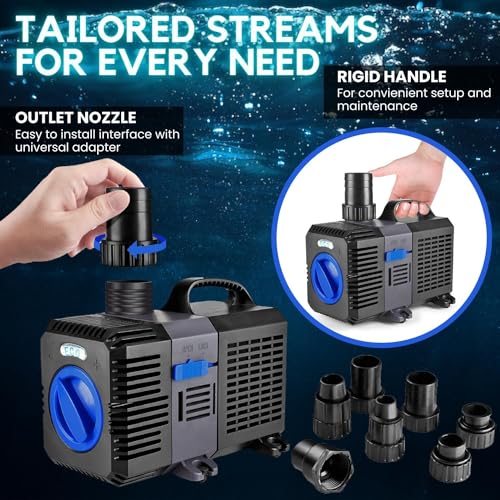 Flexzion Submersible Aquarium Water Pump 1200GPH - High FQ Ultra-Quiet Adjustable Flow Fish Pond Pump for Fresh & Saltwater Tanks, Hydroponics & Outdoor Fountains with Nozzle Set - size: 1200GPH