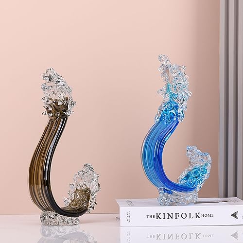 Blue Glass Beach House Decor, Hand Blown Ocean Wave Decorate, Tall Blue Glass Sculpture Home Decor, Ocean Wave Fused Art Figurines, for Sea Art Beach Coastal Nautical Office Surfers Gifts