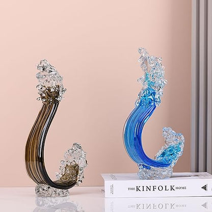 Blue Glass Beach House Decor, Hand Blown Ocean Wave Decorate, Tall Blue Glass Sculpture Home Decor, Ocean Wave Fused Art Figurines, for Sea Art Beach Coastal Nautical Office Surfers Gifts