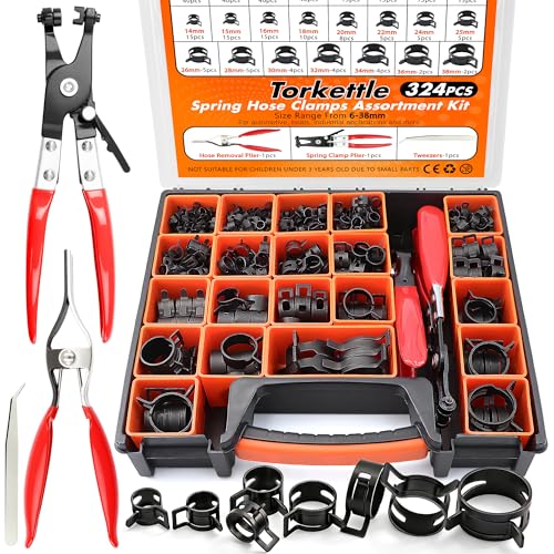 324Pcs 6-38mm Spring Band Hose Clamp Assortment Kit, 23 Sizes Black Pipe Clip for Fuel Line, Silicone Hose, Air Tube,Water Pipe Fasteners with Clamp Plier, Hose Removal Plier and Tweezers