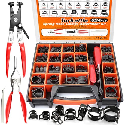 324Pcs 6-38mm Spring Band Hose Clamp Assortment Kit, 23 Sizes Black Pipe Clip for Fuel Line, Silicone Hose, Air Tube,Water Pipe Fasteners with Clamp Plier, Hose Removal Plier and Tweezers