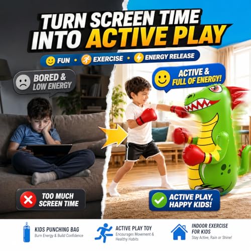 47 Inch - Inflatable Punching Bag for Kids - Dinosaur Bop Bag Toy with Fast Bounce Back Action - Durable Punching Toy for Age 3-14 - Fill Base with Water or Sand for Stability